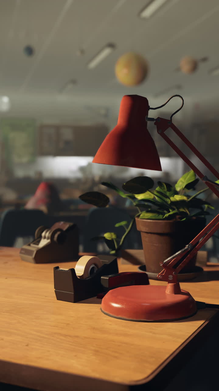 Red Desk Lamp on Wooden Desk in Office Setting