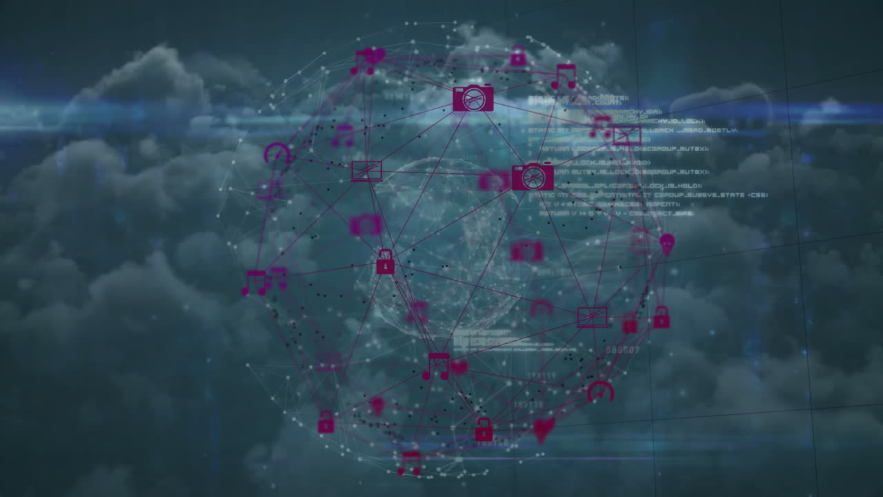 animación del globo con conexiones y procesamiento de datos sobre nubes
