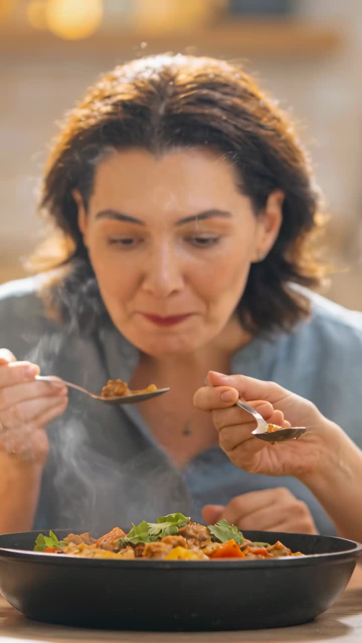Mujer en el centro probando el contenido de una sartén humeante en la cocina, líneas de aroma animadas enfatizando el sabor.