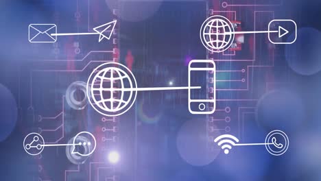 Animación-De-Placa-De-Circuito-De-Computadora-Con-Procesamiento-De-Datos,-íconos-De-Globo-Terráqueo-Y-Teléfono-Inteligente