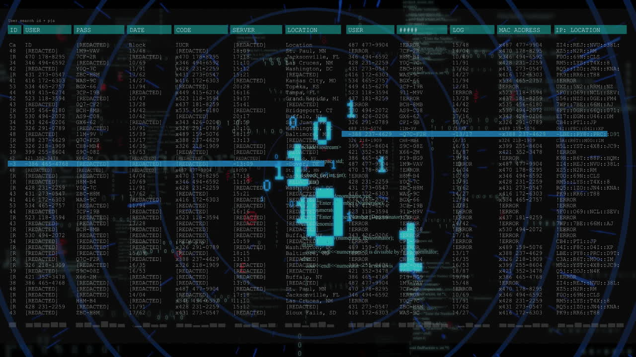 Animation of blue lines and binary processing over text data on black background