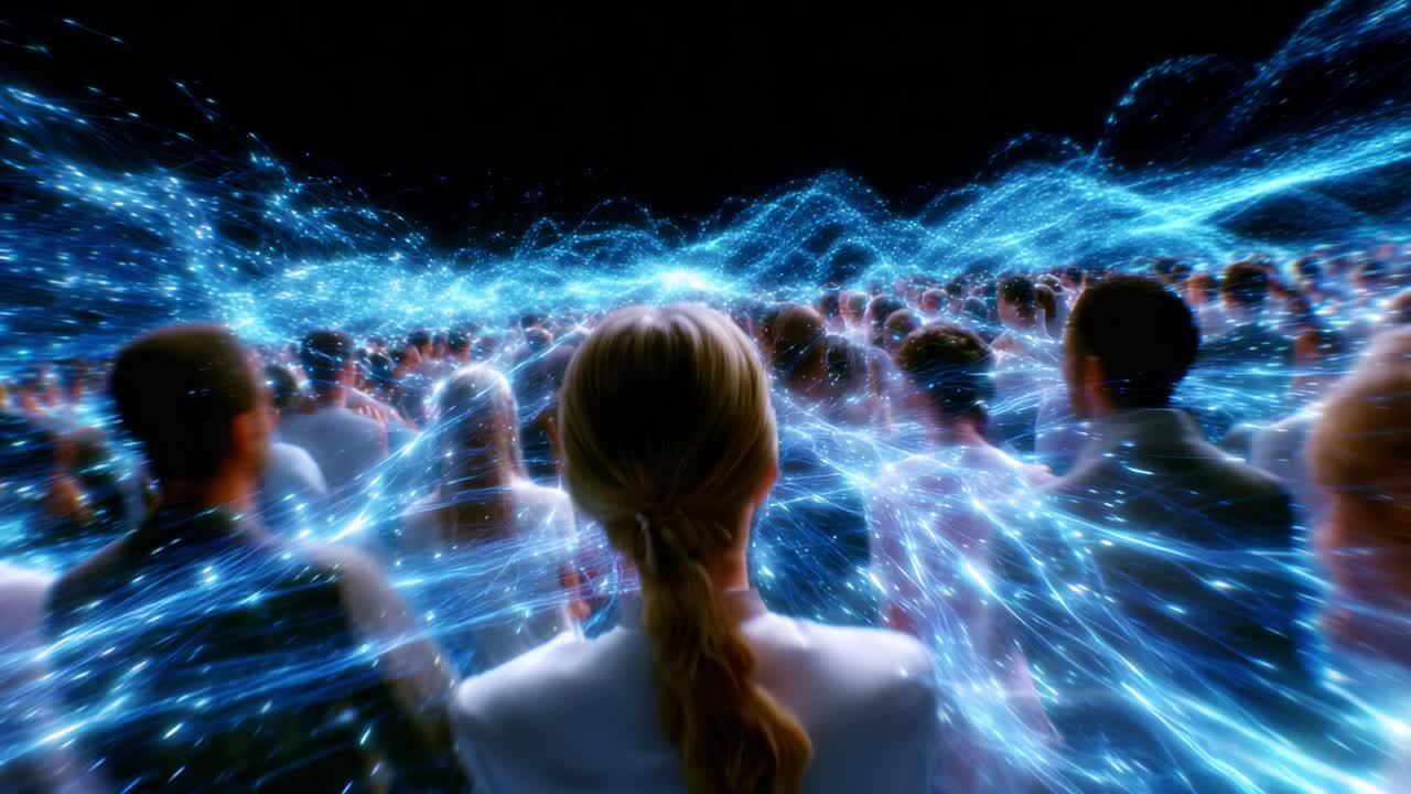 A Surging Sea of Light and Energy Illuminates a Gathering of People, Who Stand in Anticipation of an Extraordinary Event, Their Attention Drawn to the Boundless Waves of Glowing Energy in Front of Them