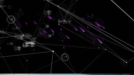 Animation-of-purple-lines-and-network-of-connections-over-black-background