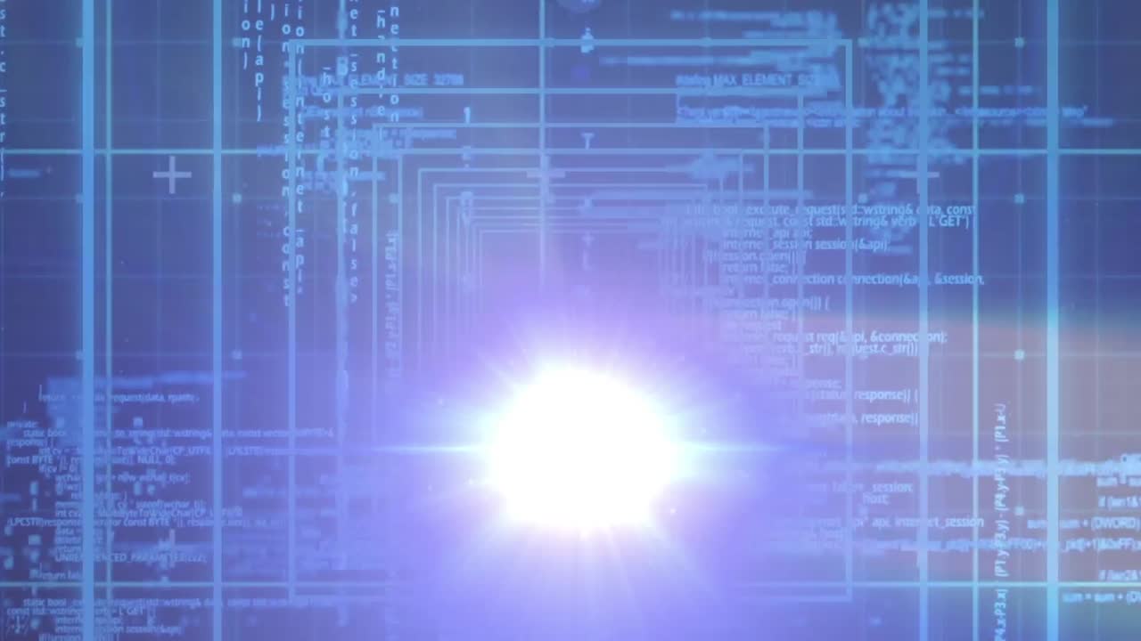 데이터 처리 및 파란색 배경에 빛 반점의 애니메이션