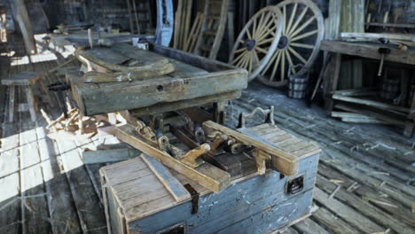 a vintage woodworking workshop with tools and a workbench