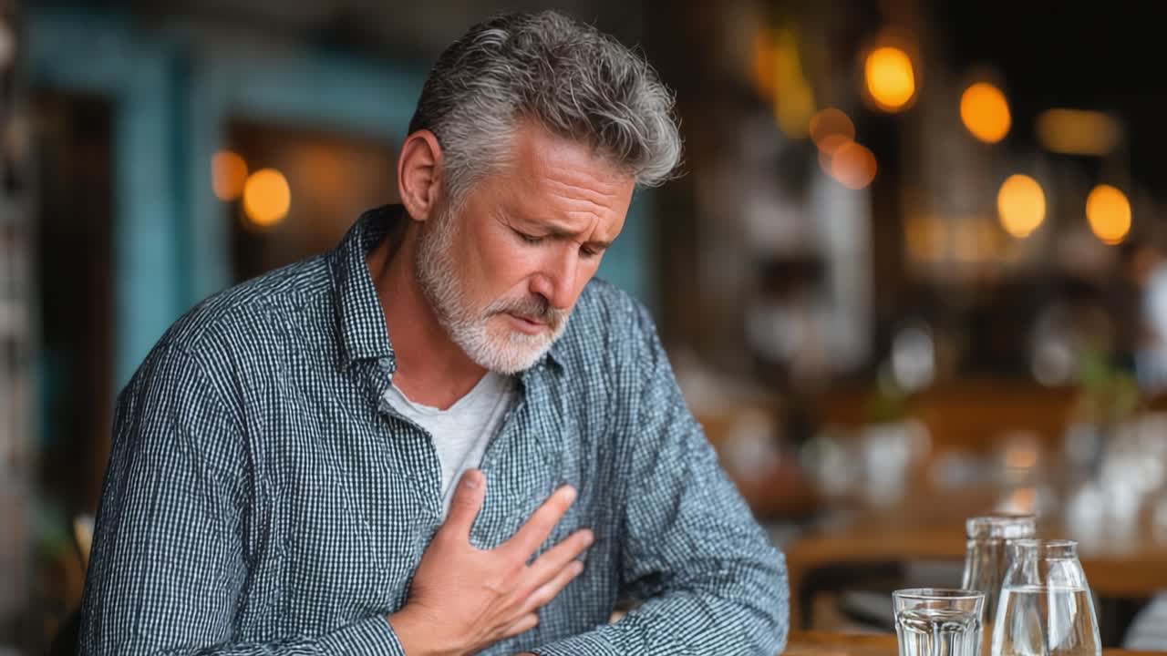A Middle-Aged Man Experiencing Discomfort While Seated at a Restaurant, Showing Signs of Distress with a Hand on His Chest in a Cozy Environment