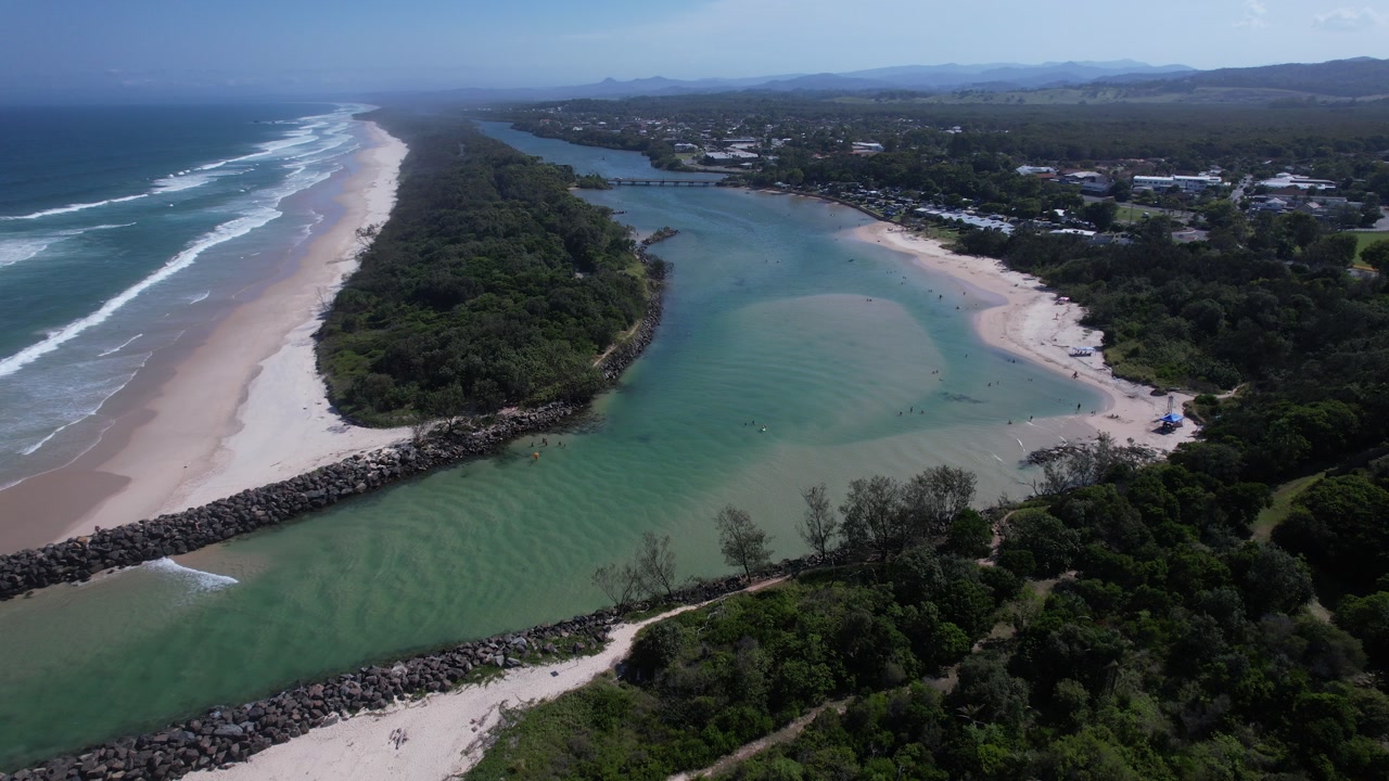 Aerial View Of A Coastal River Mouth And Pottsville Beach In NSW, Australia.