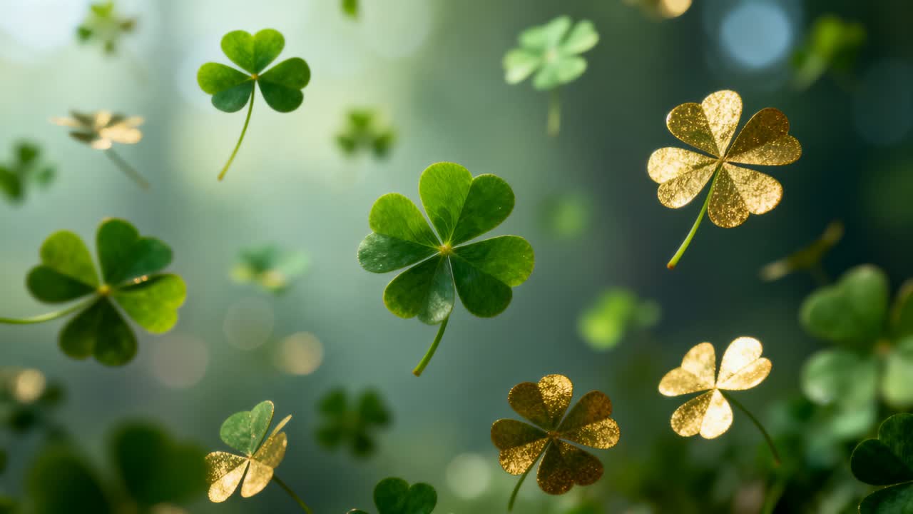 Floating four-leaf clovers drifting under soft breeze, rotating and catching sunlight in meadow