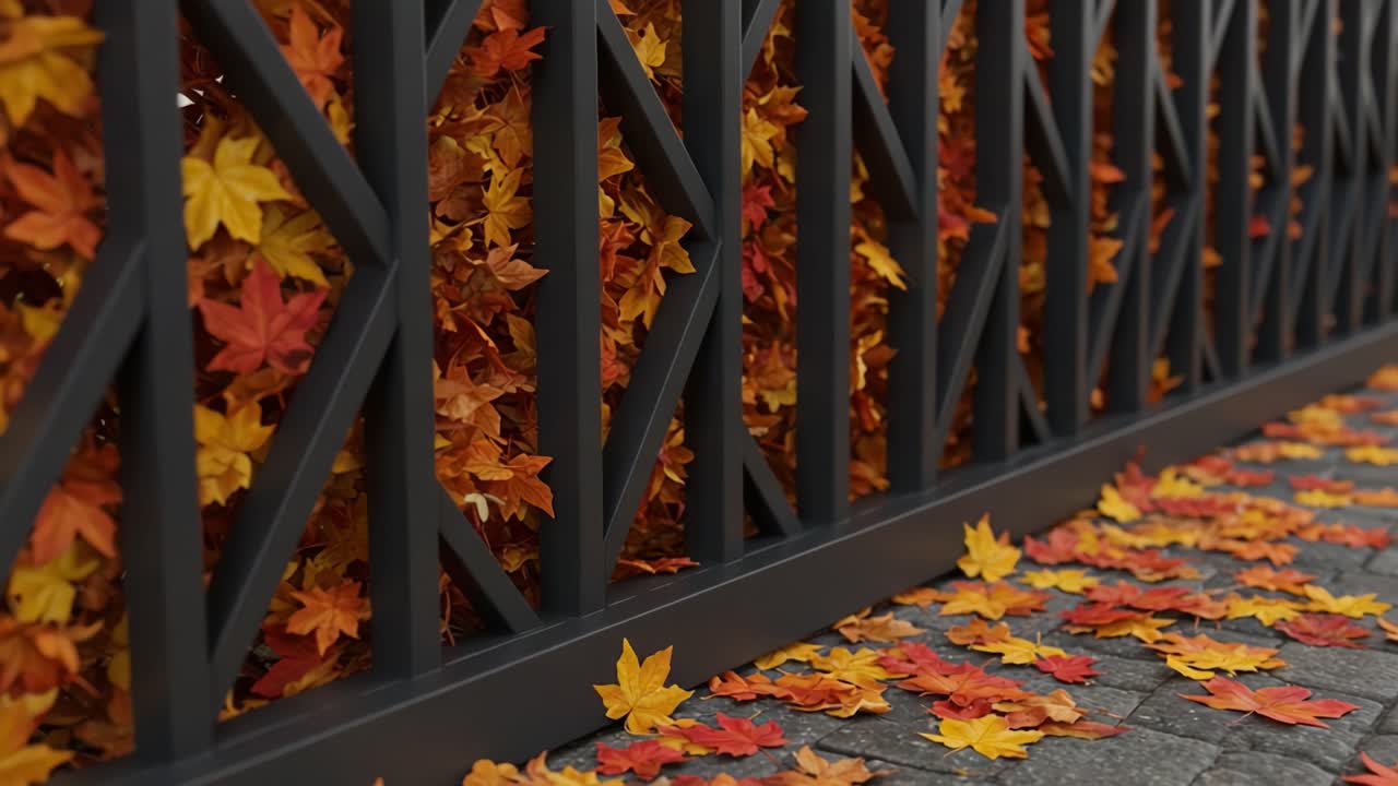 Vibrant Autumn Scene Featuring Colorful Maple Leaves and a Stylish Fence Capturing the Essence of Fall's Beauty and Tranquility in a Serene Setting
