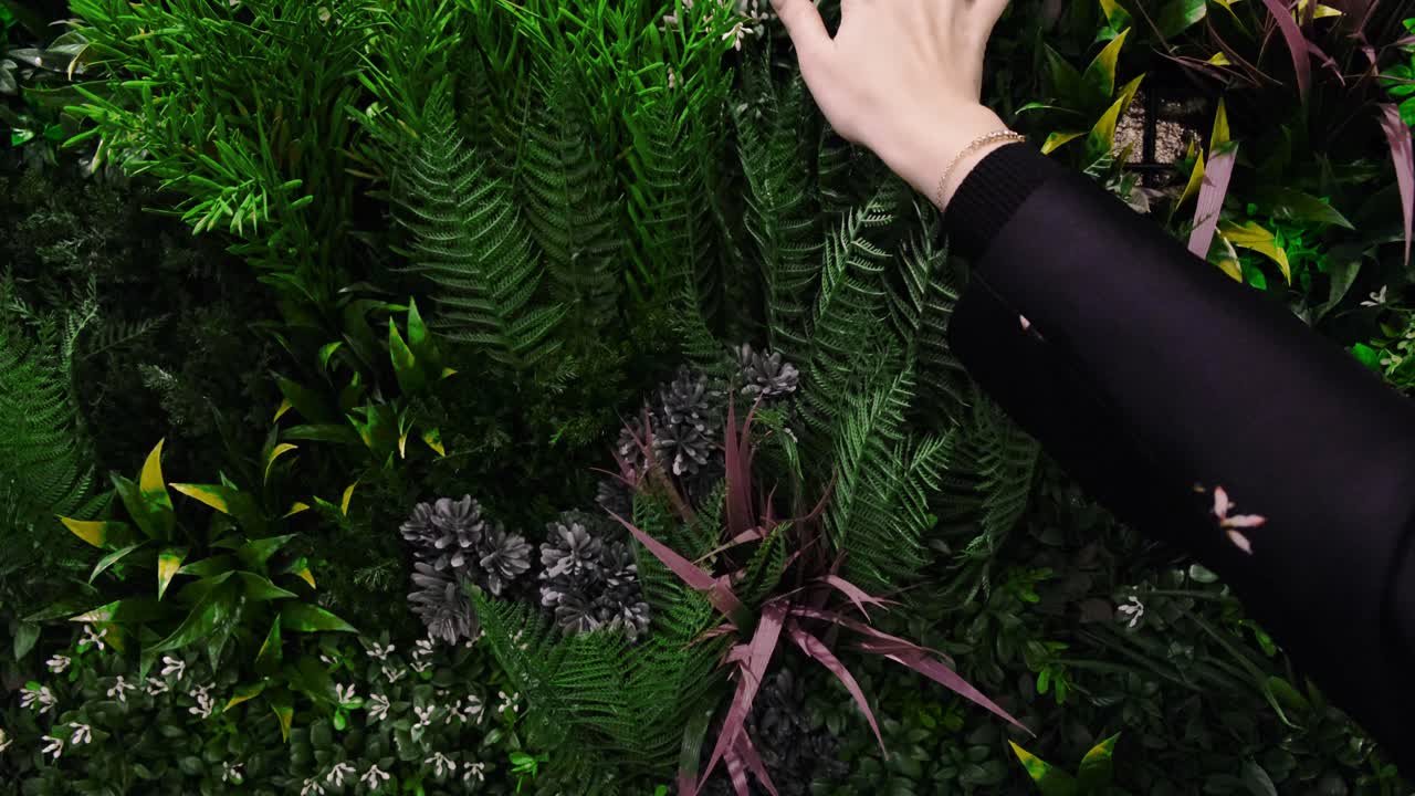 mano tocando una pared verde con plantas artificiales