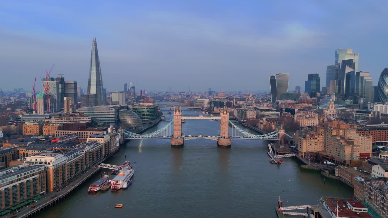 Cinematic aerial view, London City iconic landmarks, River Thames water