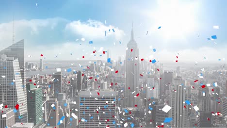 animation of confetti falling over cityscape background