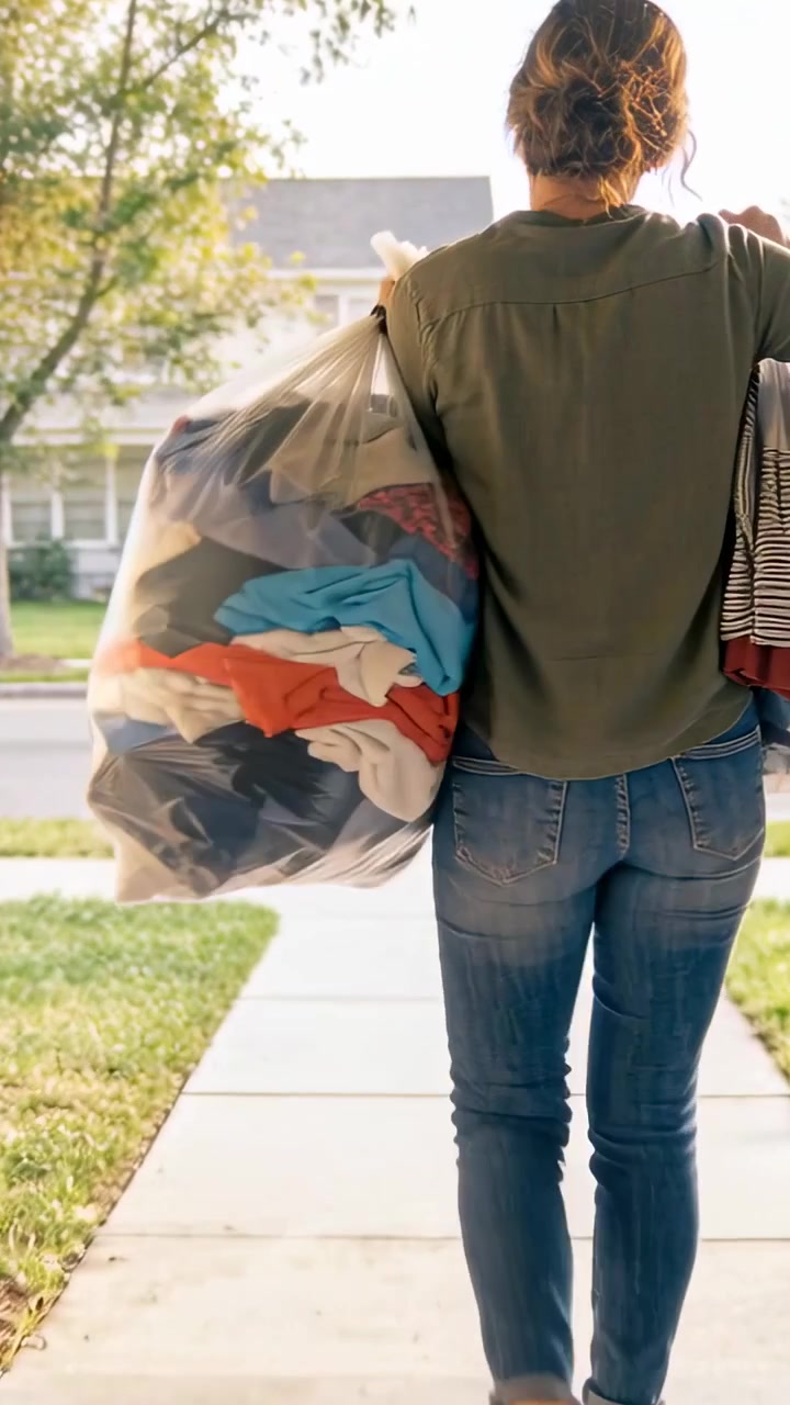 Video verticale: Cambiando presa, una donna con una borsa di vestiti scende dal portico alla strada in jeans.