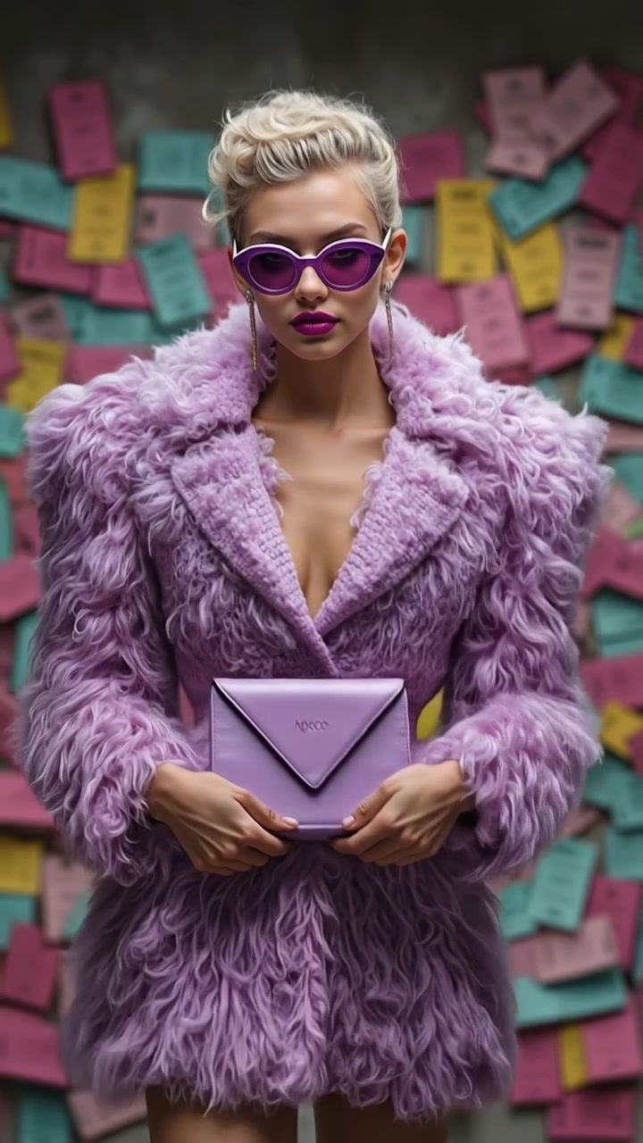 Donna elegante che indossa un cappotto di pelliccia sintetica viola e occhiali da sole, in posa contro un muro di post-it.