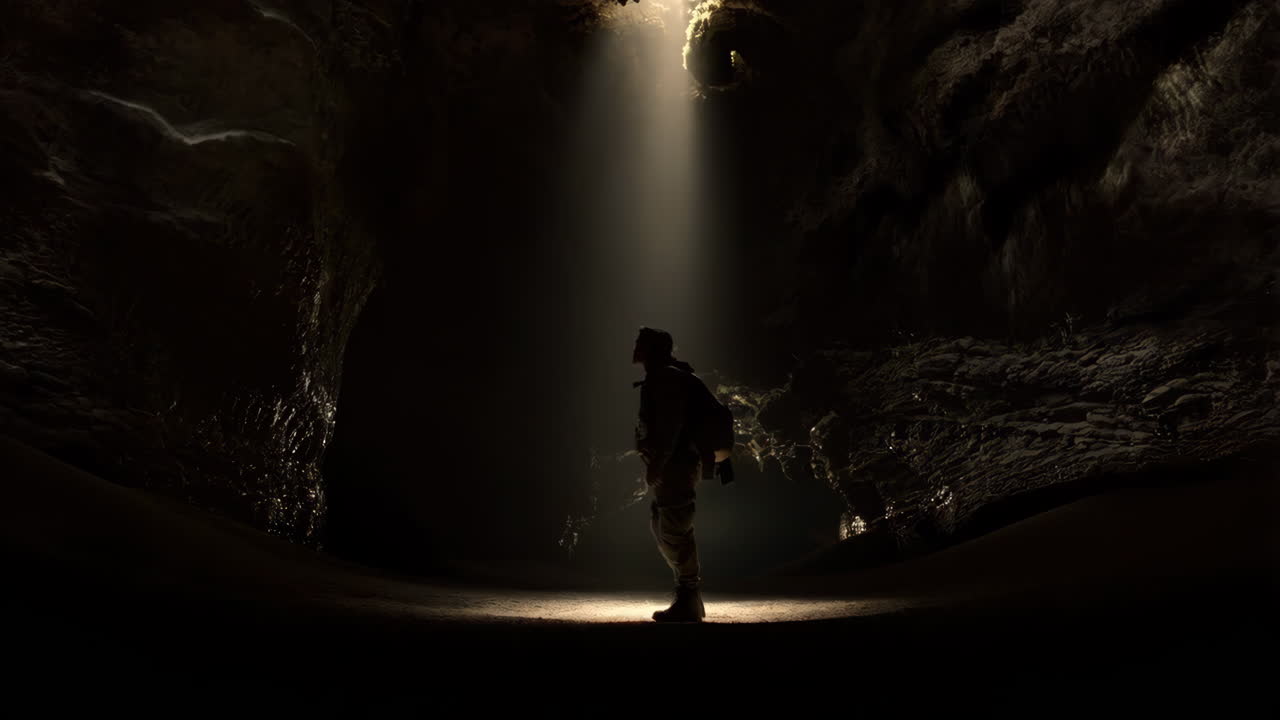 A lone traveler in a cave
