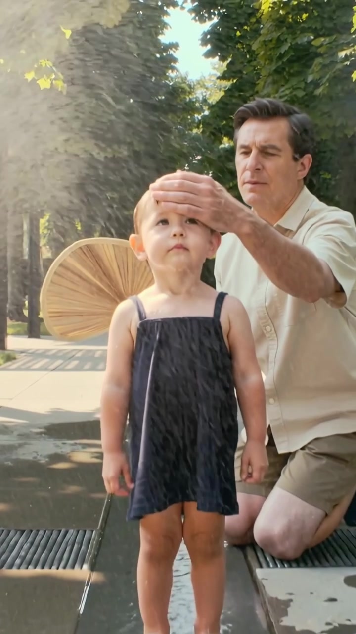 Video verticale: Bambino in piedi con vestito blu scuro vicino ai getti d'acqua di una fontana che spruzzano, tenuto da un adulto per sicurezza.