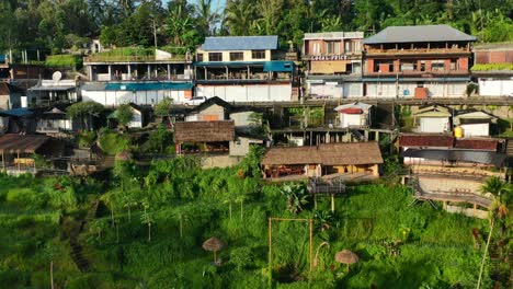 car driving past closed shops at tegallalang rice terrace at sunrise, aerial