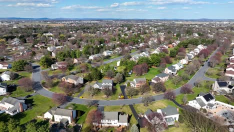 Panoramic-wide-aerial-orbit-above-suburban-subdivision-neighborhood-homes