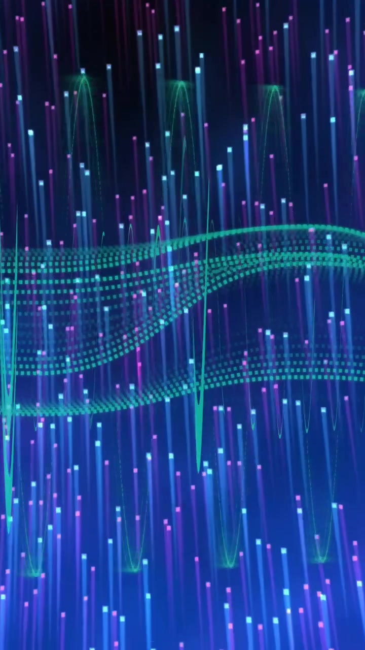 Flowing digital wave animation over vertical light streaks in blue and purple