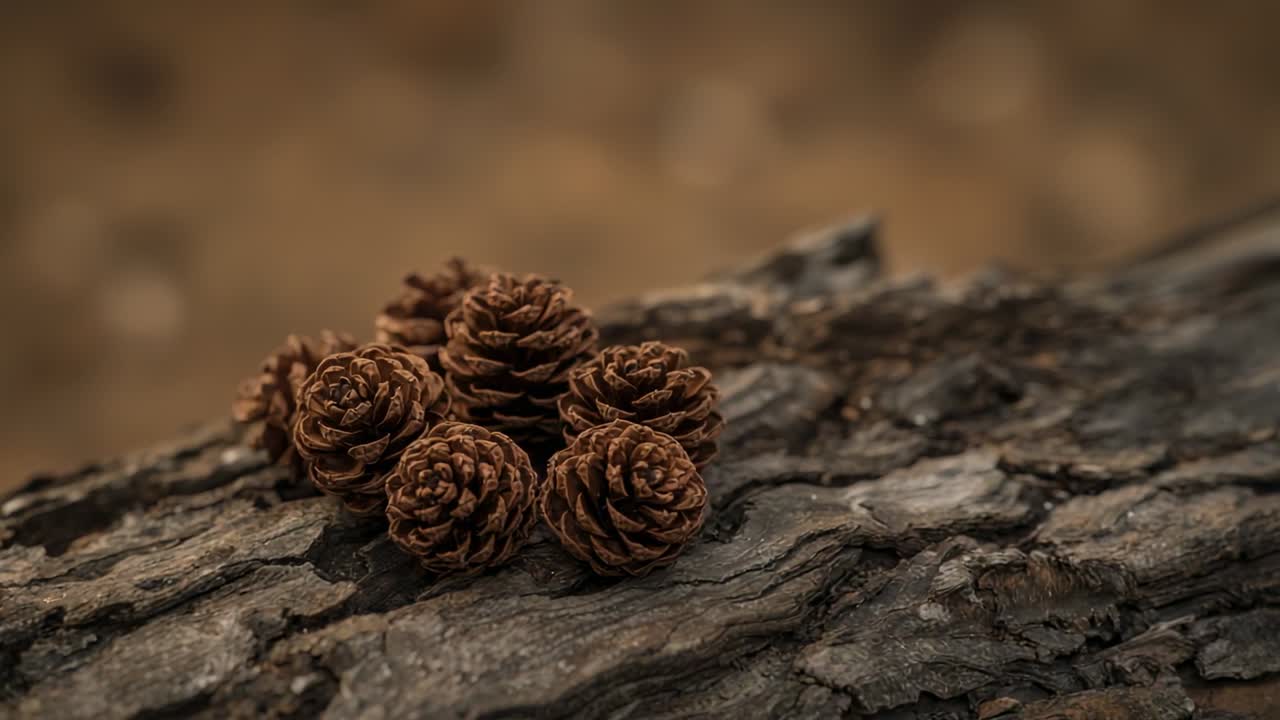 Afastando a câmera e mudando o foco das pinhas no tronco desgastado da floresta, revelando a casca