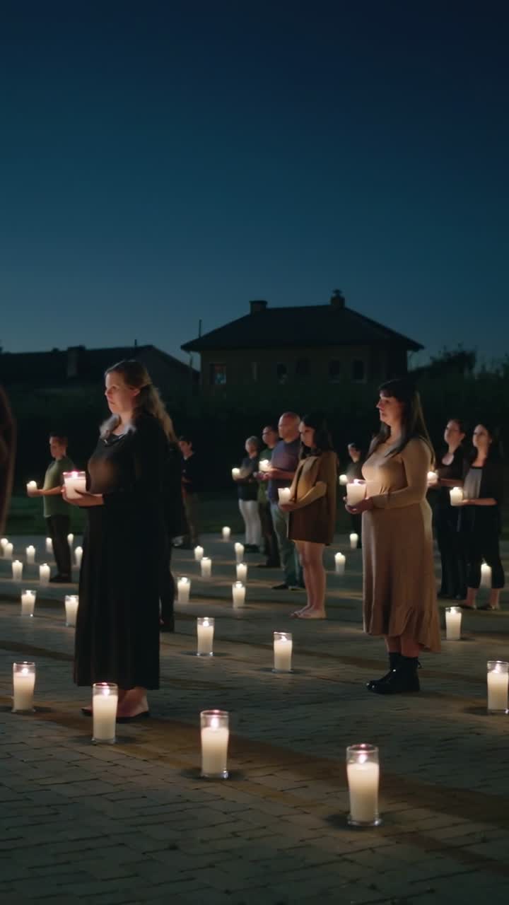 Vertical video: Camera panning showing candle grid and people holding candles in courtyard vigil