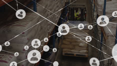 operating forklift in warehouse, network of connected user icons animation