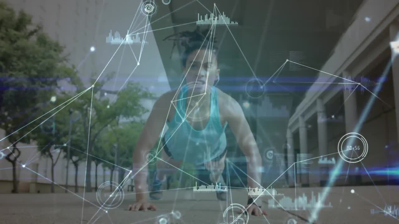 animación de la red de conexiones sobre mujeres que hacen ejercicio al aire libre