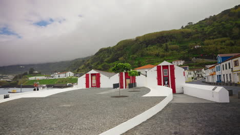 Wide-panoramic-shot-of-empty-local-town-in-the-Azores-Islands,-Atlantic-Ocean,-Portugal