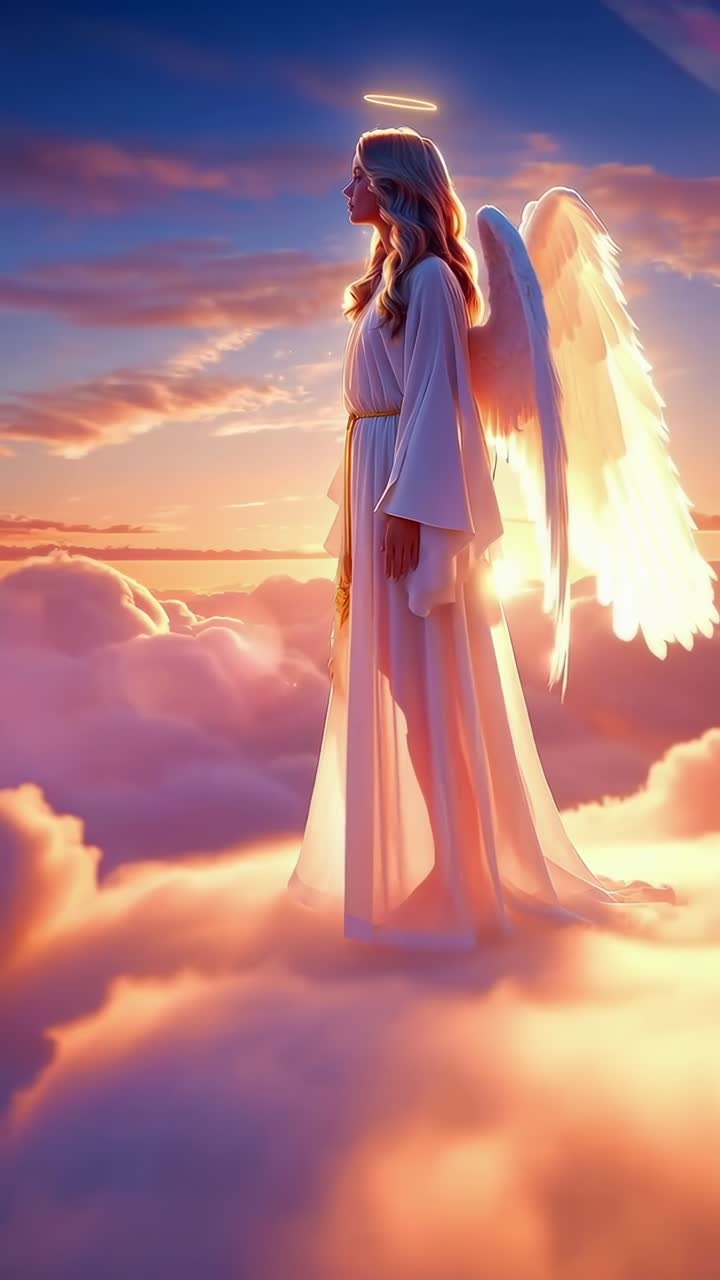 Angelo etereo in un cielo al tramonto, ripreso da una angolazione bassa, perfetto per un video sereno