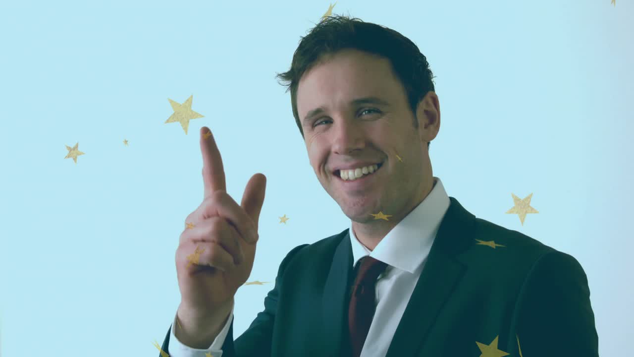 Star confetti drifting in causing business presenter turning head and smiling for success milestone