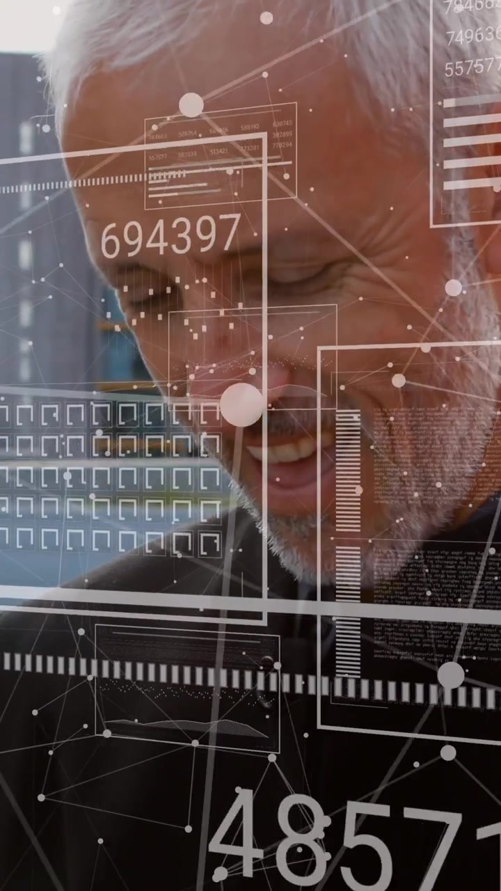 Animation of financial data processing over caucasian man using smartphone