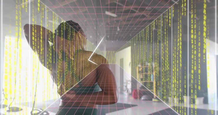 Woman pulling strap while stretching shoulder in health gym activating wireframe grid binary arrow