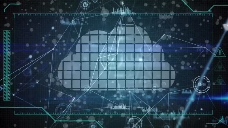 Animation of digital cloud, network of connections and statistics recording