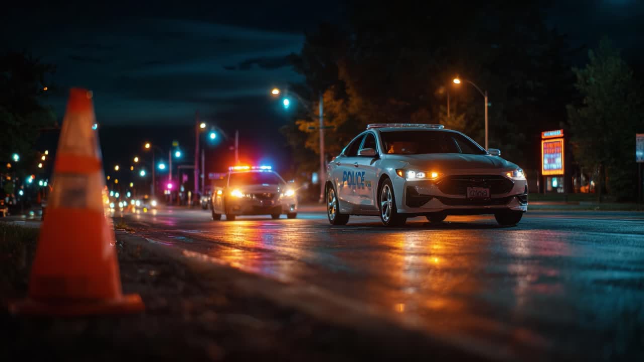 Nighttime Police Response: Two Patrol Cars with Flashing Lights Navigate a Wet Urban Street Surrounded by Traffic Cones and Illuminated by Streetlights