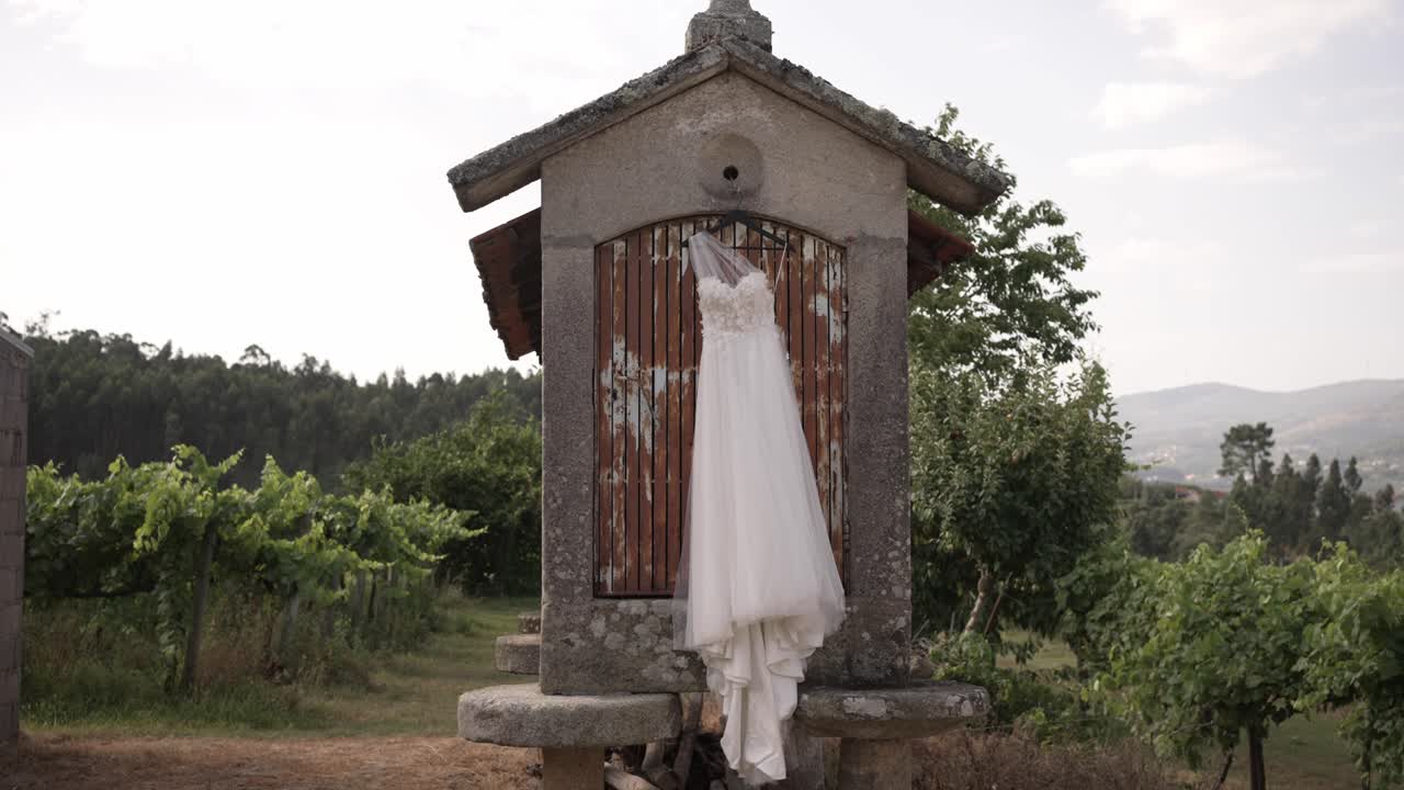 웨딩 드레스 는 전통적 인 돌 에스피게이로 에 매달려 있으며, 배경 에는 울창 한 포도원 들 이 있다