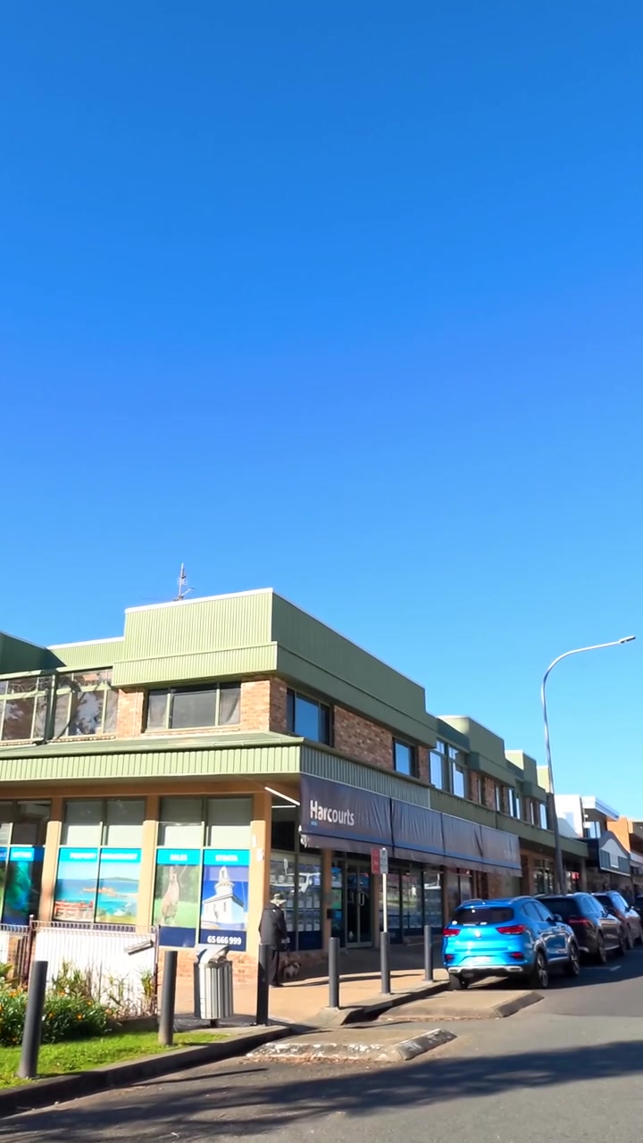 Toma panorámica de pinos altos y tiendas locales bajo un cielo azul despejado