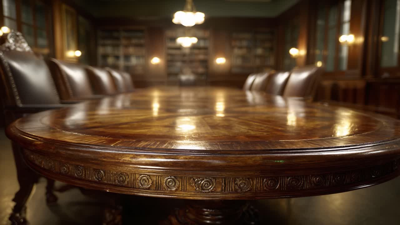 Elegant Wooden Conference Table in a Luxurious Library Setting with Warm Lighting and High-Backed Chairs Perfect for Formal Meetings and Discussions