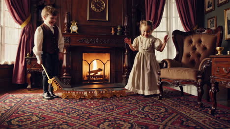 children playing with a wooden train in a vintage living room