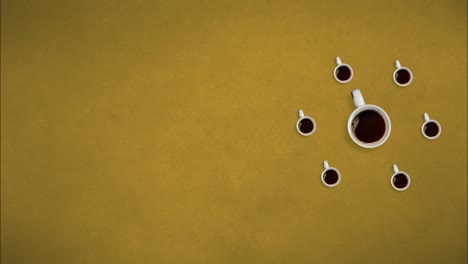 vista superior. detener el movimiento. tazas de café girando y llenando con café. en fondo amarillo. video de bucle. concepto de tiempo café, energía, publicidad, energía, sistemas. taza de café 4k imágenes de stock