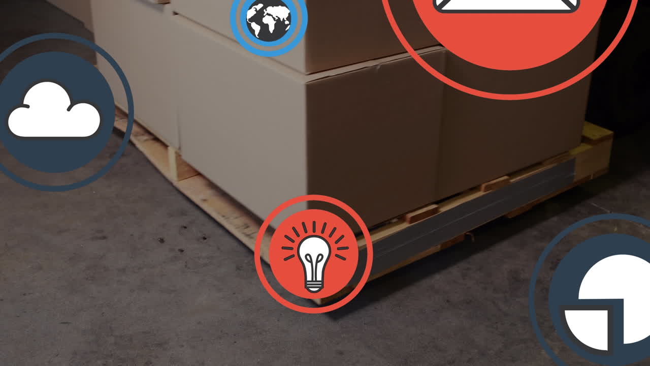 Animation of icons over boxes in warehouse