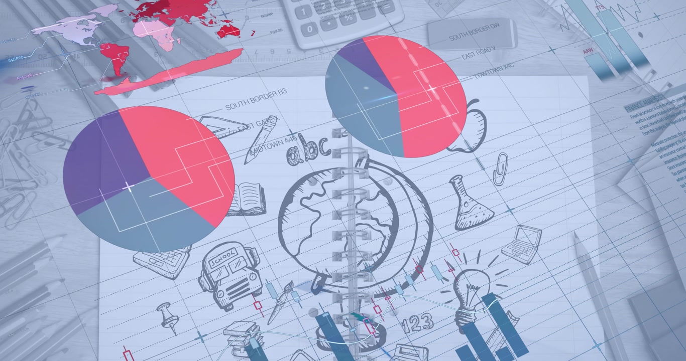 Animation of infographic interface over book with doodles and stationery on table