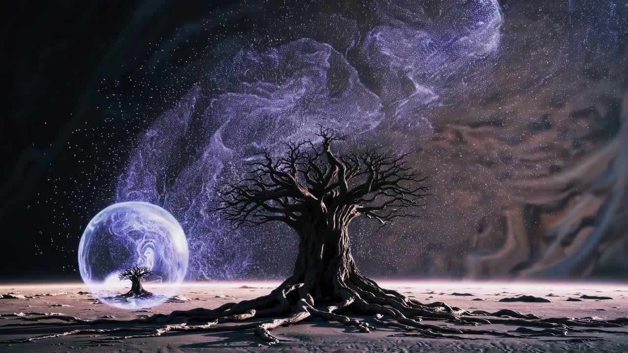 Weathered tree rooting through cracked ground of barren extraterrestrial landscape, encapsulated miniature version glowing within protective sphere amid swirling cosmic atmosphere