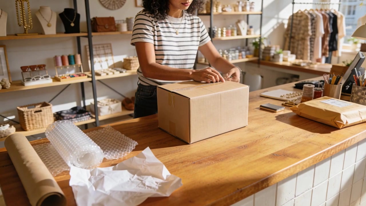 Closing cardboard box, boutique owner readying shipment at counter in striped tee with supplies