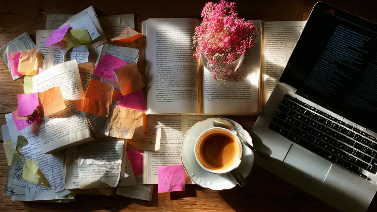 Un'area di lavoro accogliente: una scena di studio con libri aperti, colorati sticky note, fiori freschi e caffè, perfetta per scrivere e studiare alla luce del sole
