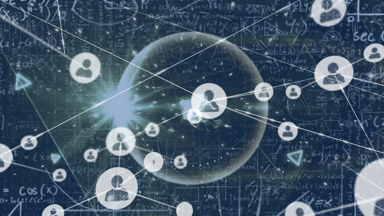 검은 바탕 위의 연결 네트워크와 수학 방정식의 애니메이션