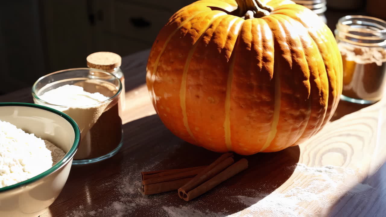 Pumpkin Baking Ingredients on a Wooden Table
