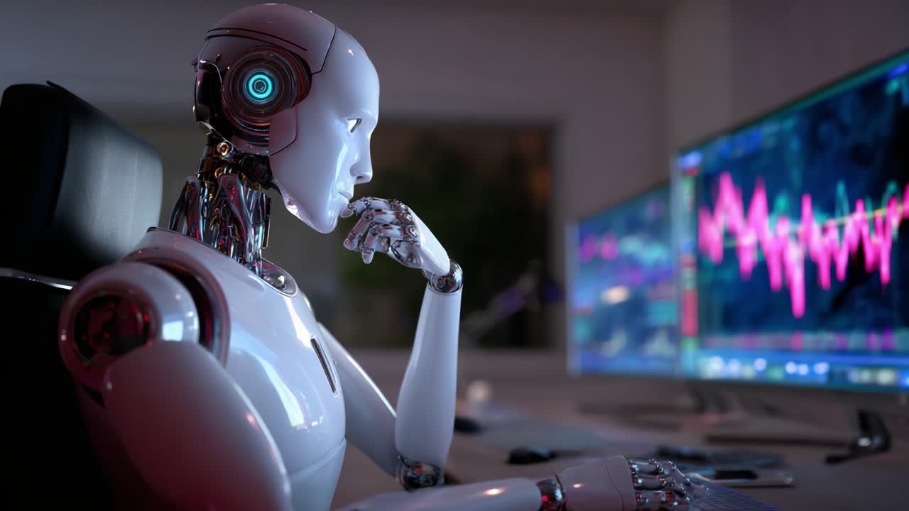 A futuristic robotic figure contemplates data analysis while sitting at a modern workstation, surrounded by advanced digital displays showing vibrant graphs, indicating deep thought and processing capabilities