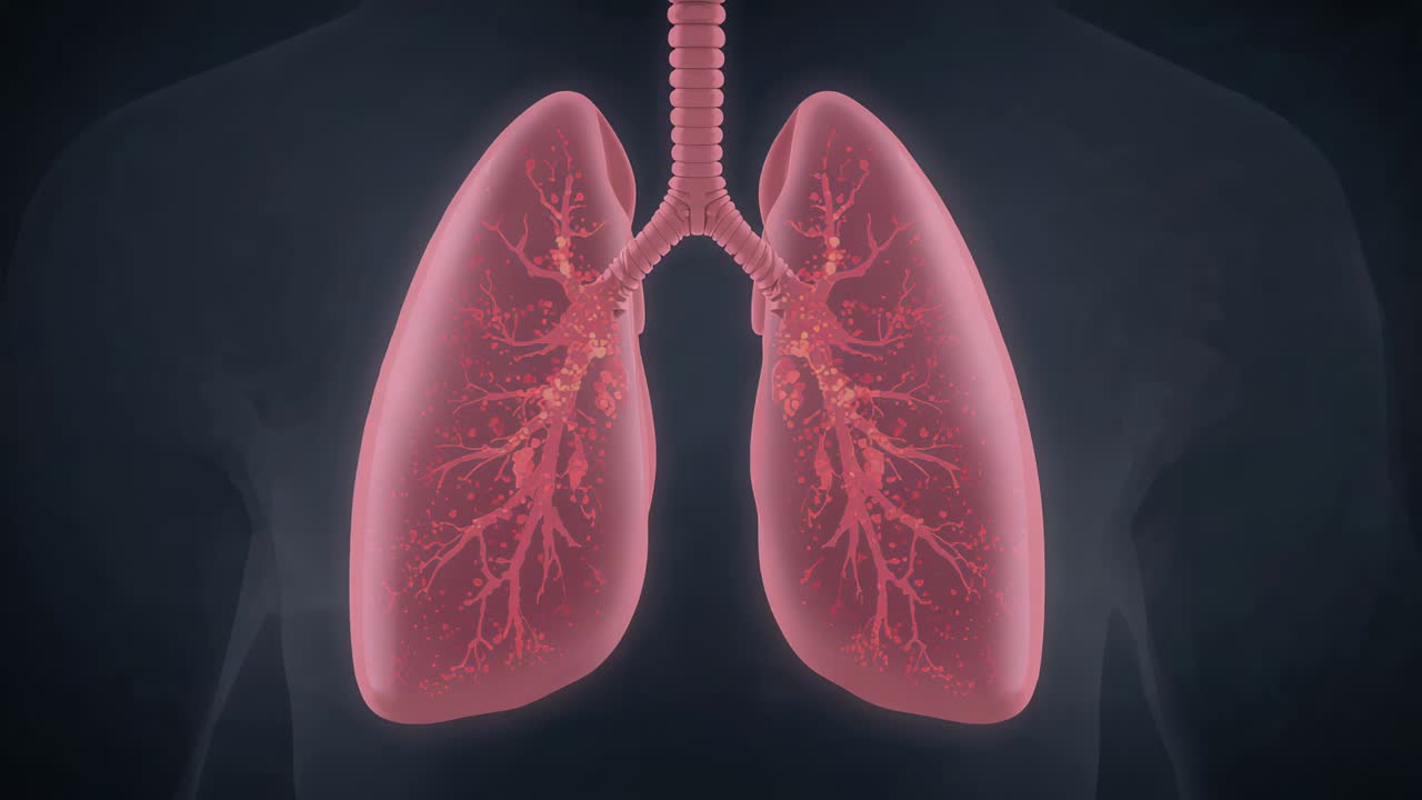 Illuminazione a livello dei bronchi principali, polmoni che risplendono color ambra nel torace, trachea che mostra l'attività delle vie aeree