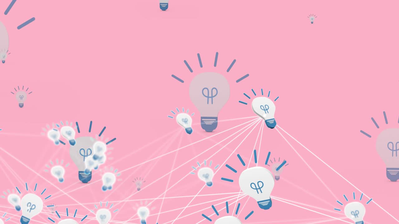 Animation of network of connections with light bulbs on pink background