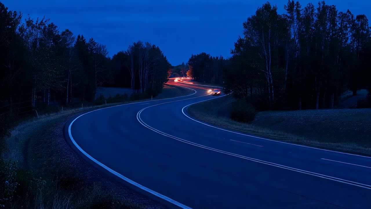 Auto che formano nastri di luce lungo una strada di campagna al crepuscolo mentre le auto passano, mostrando le linee centrali